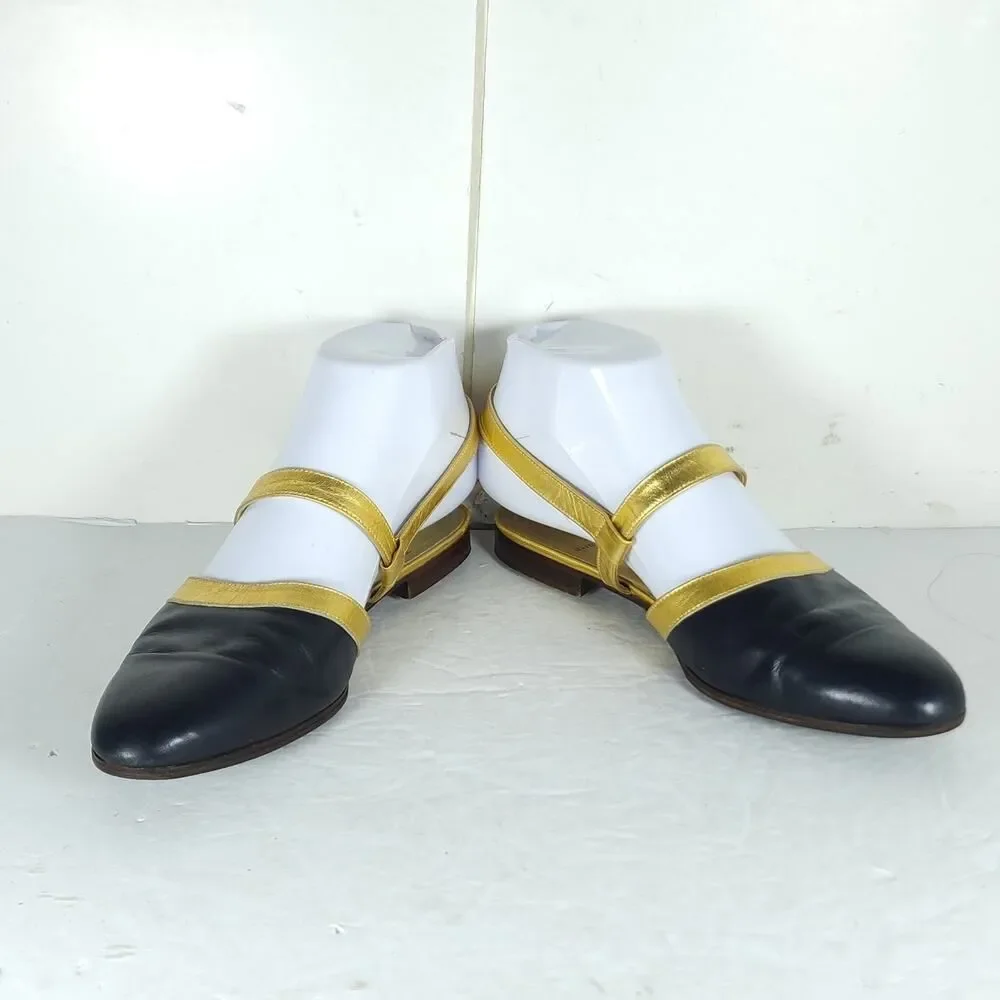 Ralph Lauren Women's Vtg US 7D Black Gold Leather Slingback Flats Sandals Shoes